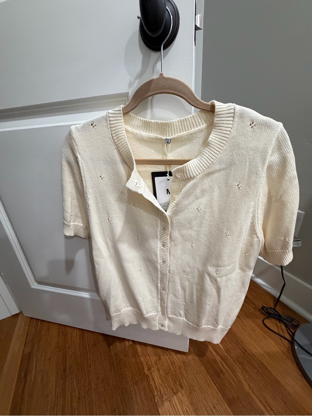Cream Short-Sleeve Knit Cardigan Sweater